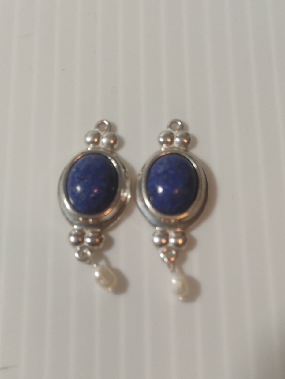 Vintage CCO Sterling Silver Earring Charms: Blue, With Dangling Pearl In Package